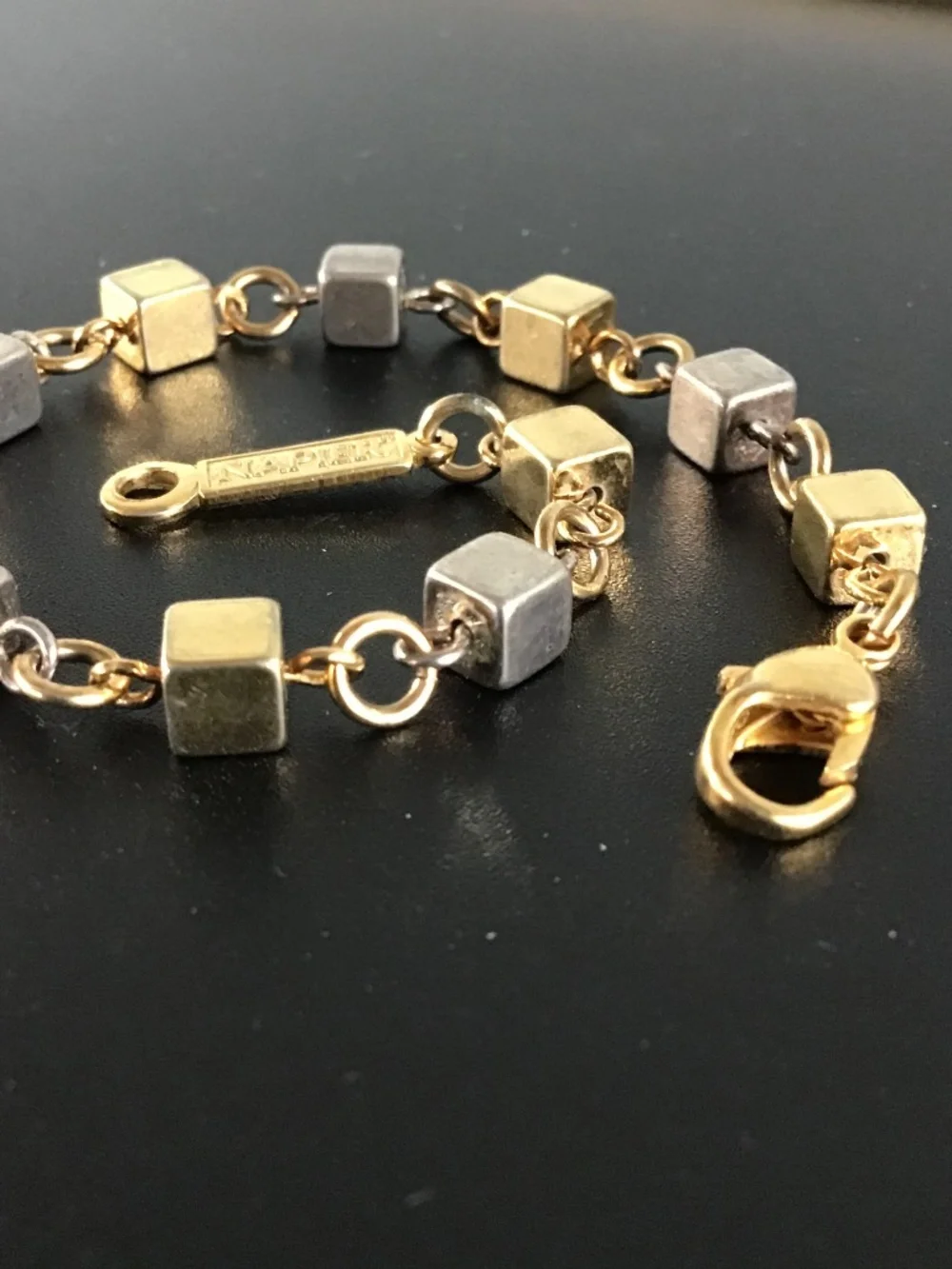 Vintage Signed Napier 1980s Two Tone Cube Link Bracelet 7” Minimalist